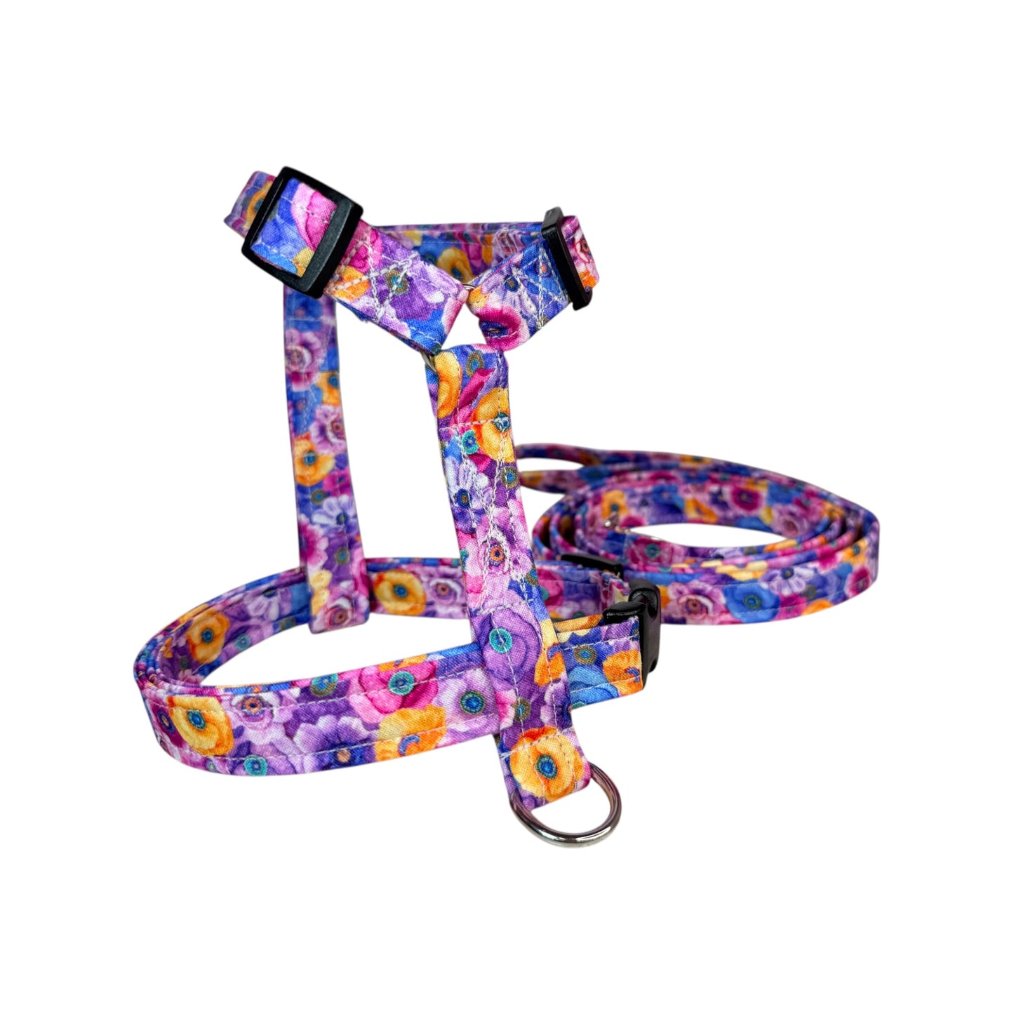 Packed Poppy floral Handmade Dog harness, Standard roman harness or Step in harness. With or without matching leash
