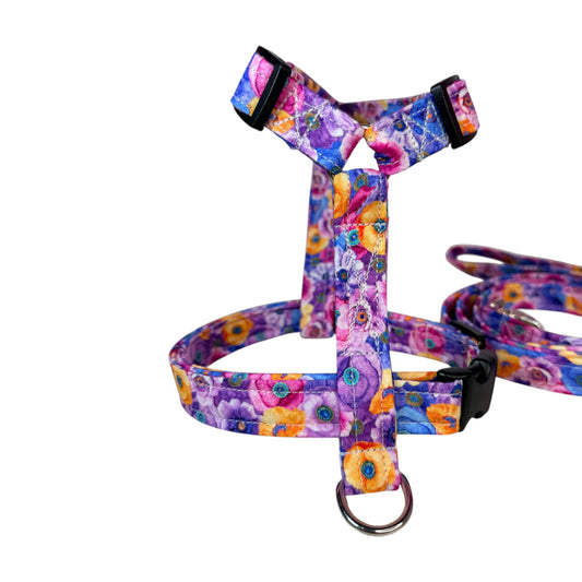 Packed Poppy floral Handmade Dog harness, Standard roman harness or Step in harness. With or without matching leash