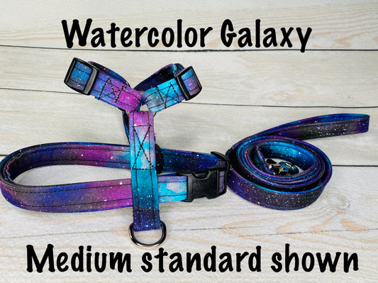 Watercolor Galaxy dog harness - step in or standard roman, harness only or matching leash set