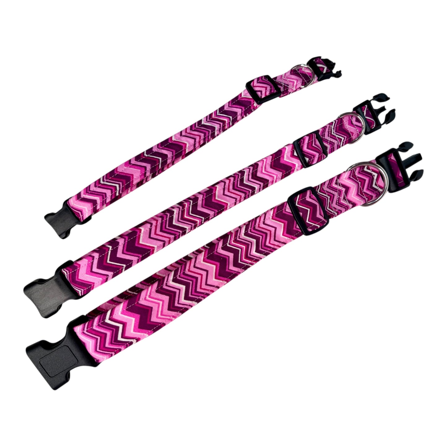 Pink Chevron Handmade dog collar: Adjustable side release, washable cotton fabric, webbing core