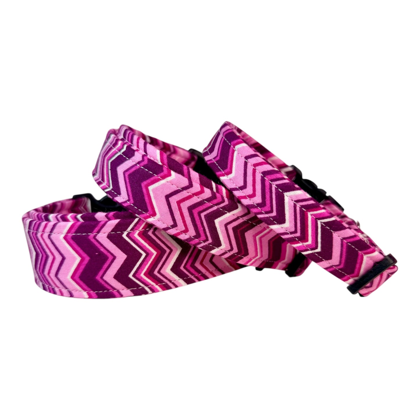 Pink Chevron Handmade dog collar: Adjustable side release, washable cotton fabric, webbing core