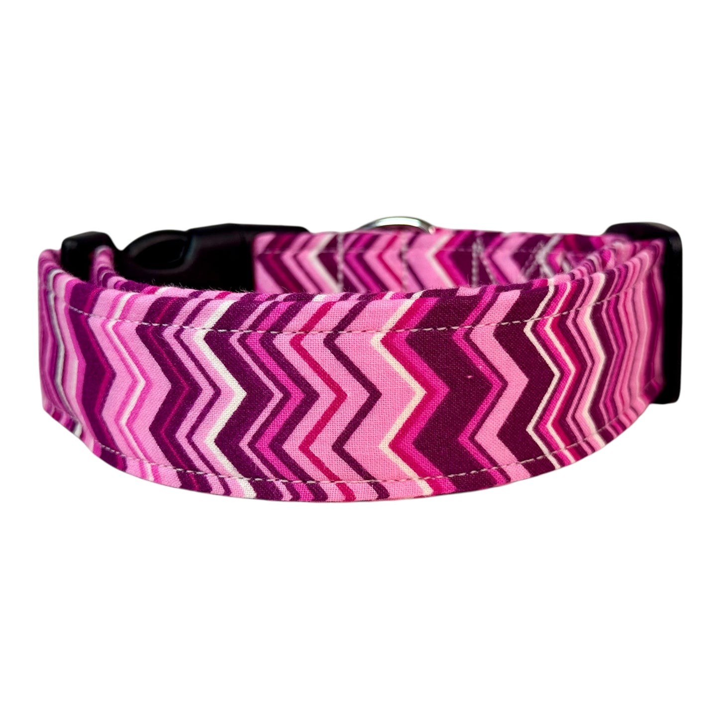 Pink Chevron Handmade dog collar: Adjustable side release, washable cotton fabric, webbing core