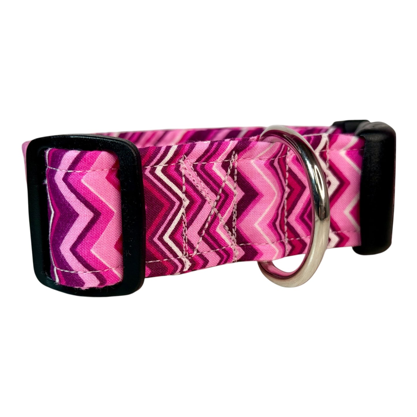 Pink Chevron Handmade dog collar: Adjustable side release, washable cotton fabric, webbing core