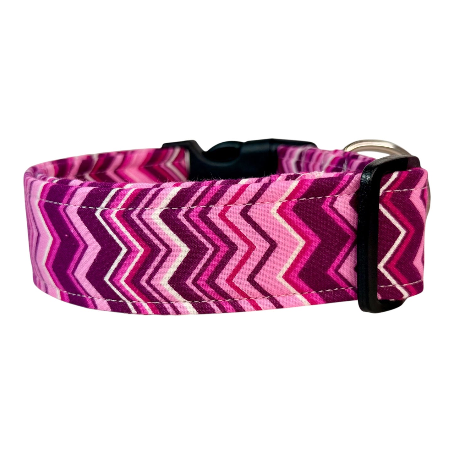 Pink Chevron Handmade dog collar: Adjustable side release, washable cotton fabric, webbing core