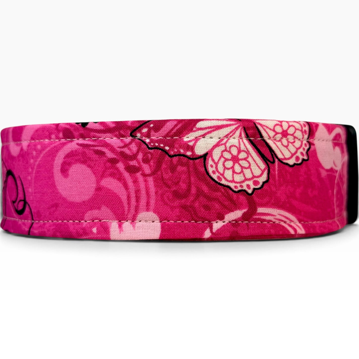 Breast Cancer Awareness handmade dog collar: Adjustable side release, washable cotton fabric, webbing core, customizable hardware
