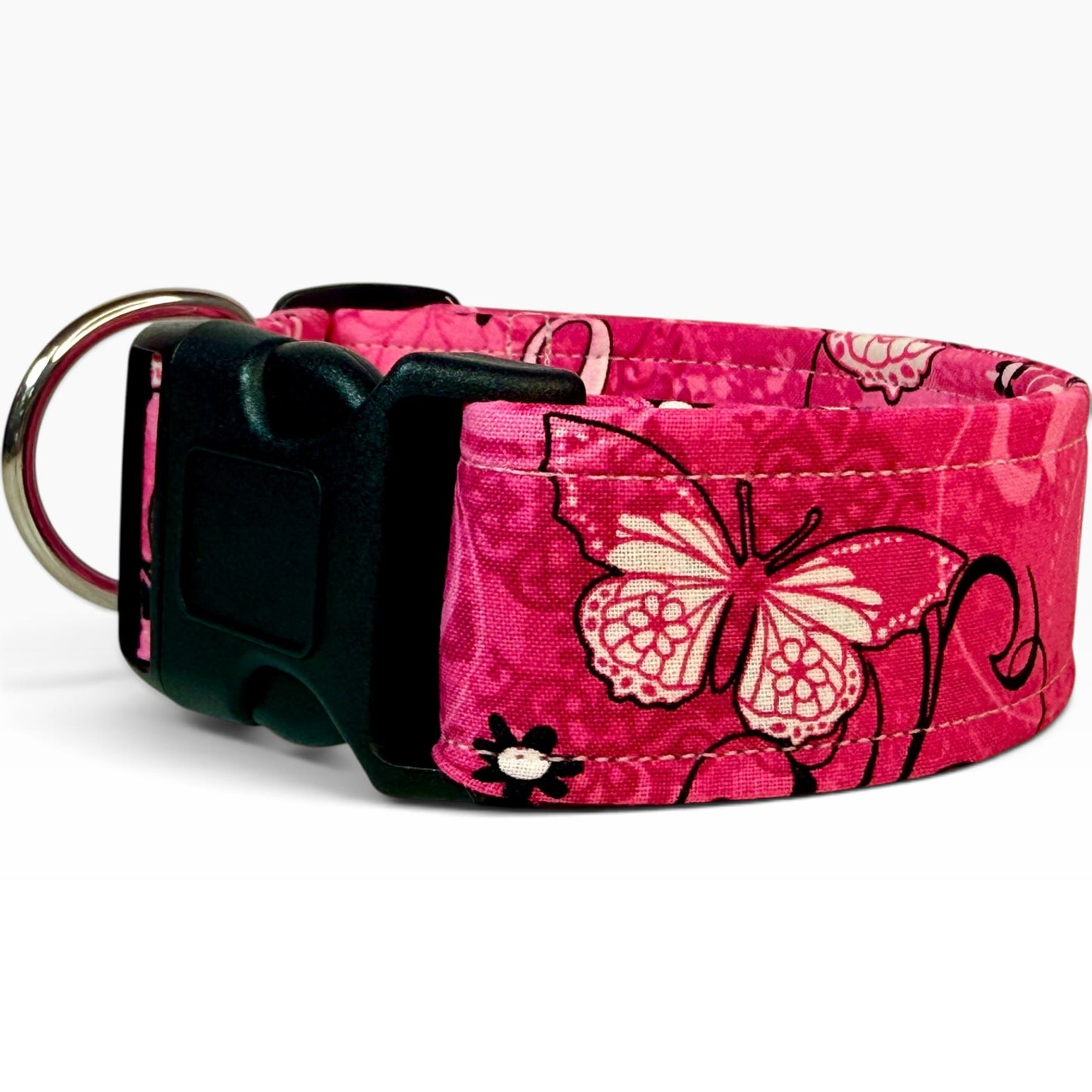 Breast Cancer Awareness handmade dog collar: Adjustable side release, washable cotton fabric, webbing core, customizable hardware