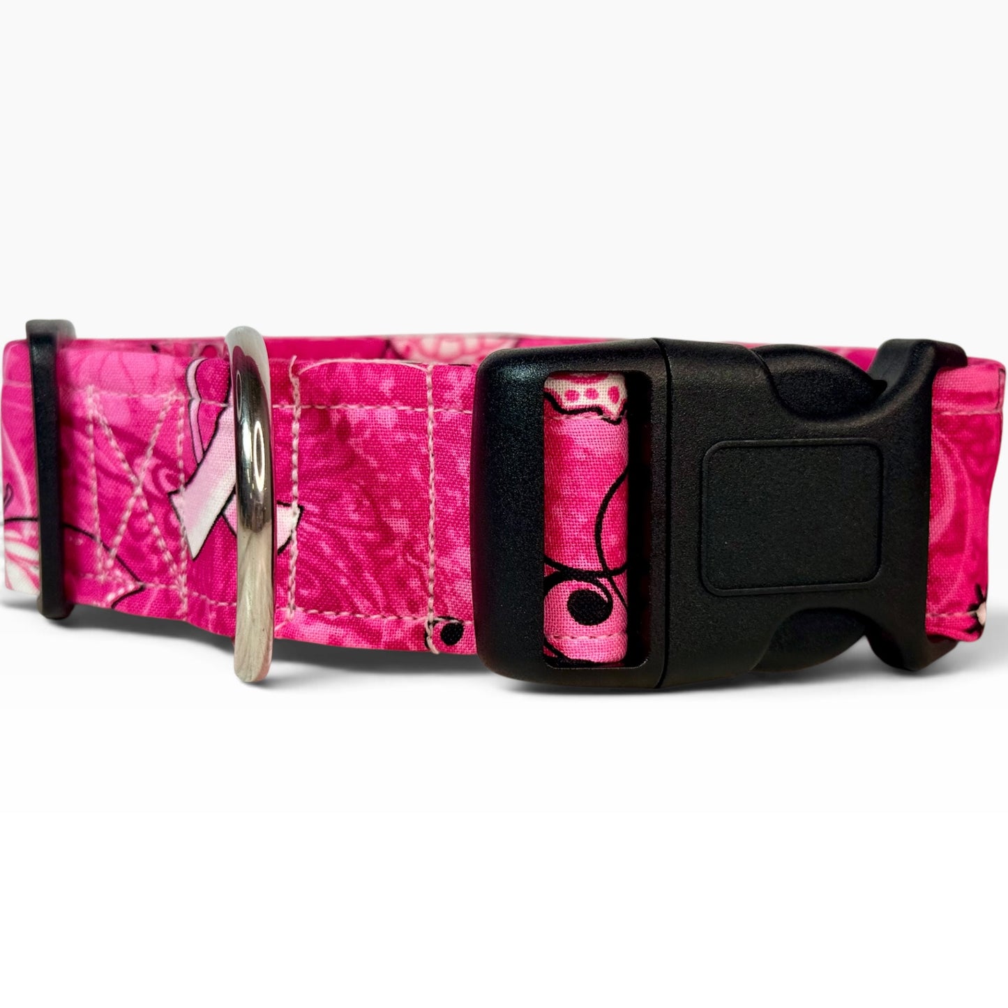Breast Cancer Awareness handmade dog collar: Adjustable side release, washable cotton fabric, webbing core, customizable hardware
