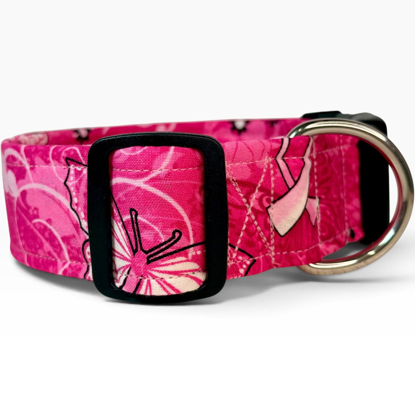 Breast Cancer Awareness handmade dog collar: Adjustable side release, washable cotton fabric, webbing core, customizable hardware