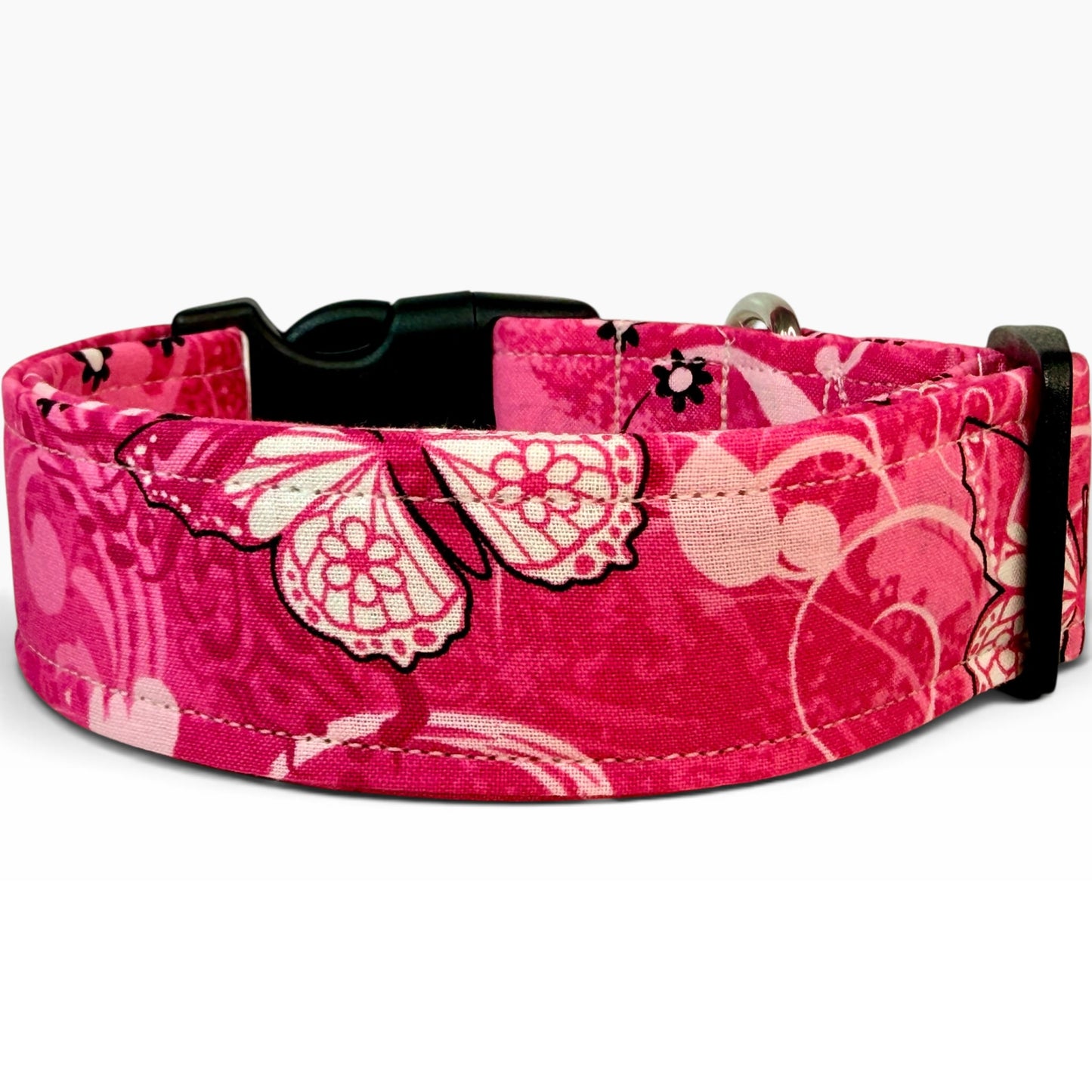 Breast Cancer Awareness handmade dog collar: Adjustable side release, washable cotton fabric, webbing core, customizable hardware