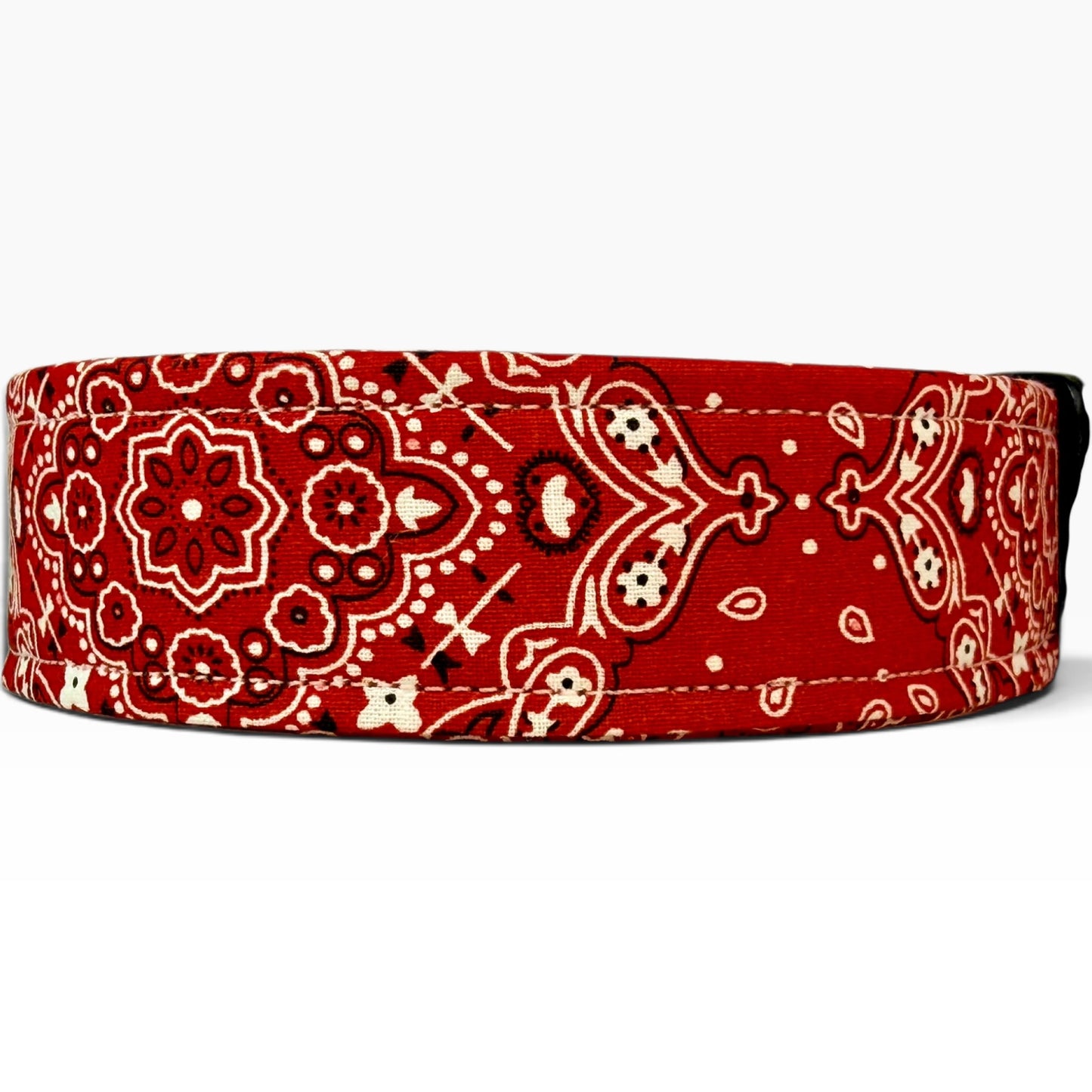 Red bandana handmade dog collar: Adjustable side release, washable cotton fabric, webbing core, customizable hardware
