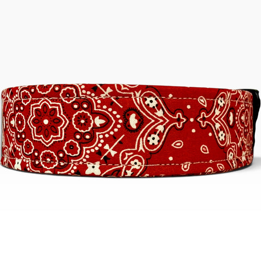 Red bandana handmade dog collar: Adjustable side release, washable cotton fabric, webbing core, customizable hardware