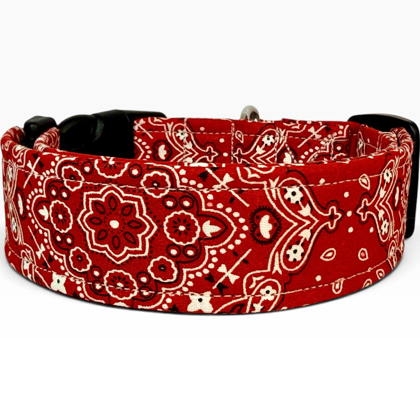 Red bandana handmade dog collar: Adjustable side release, washable cotton fabric, webbing core, customizable hardware