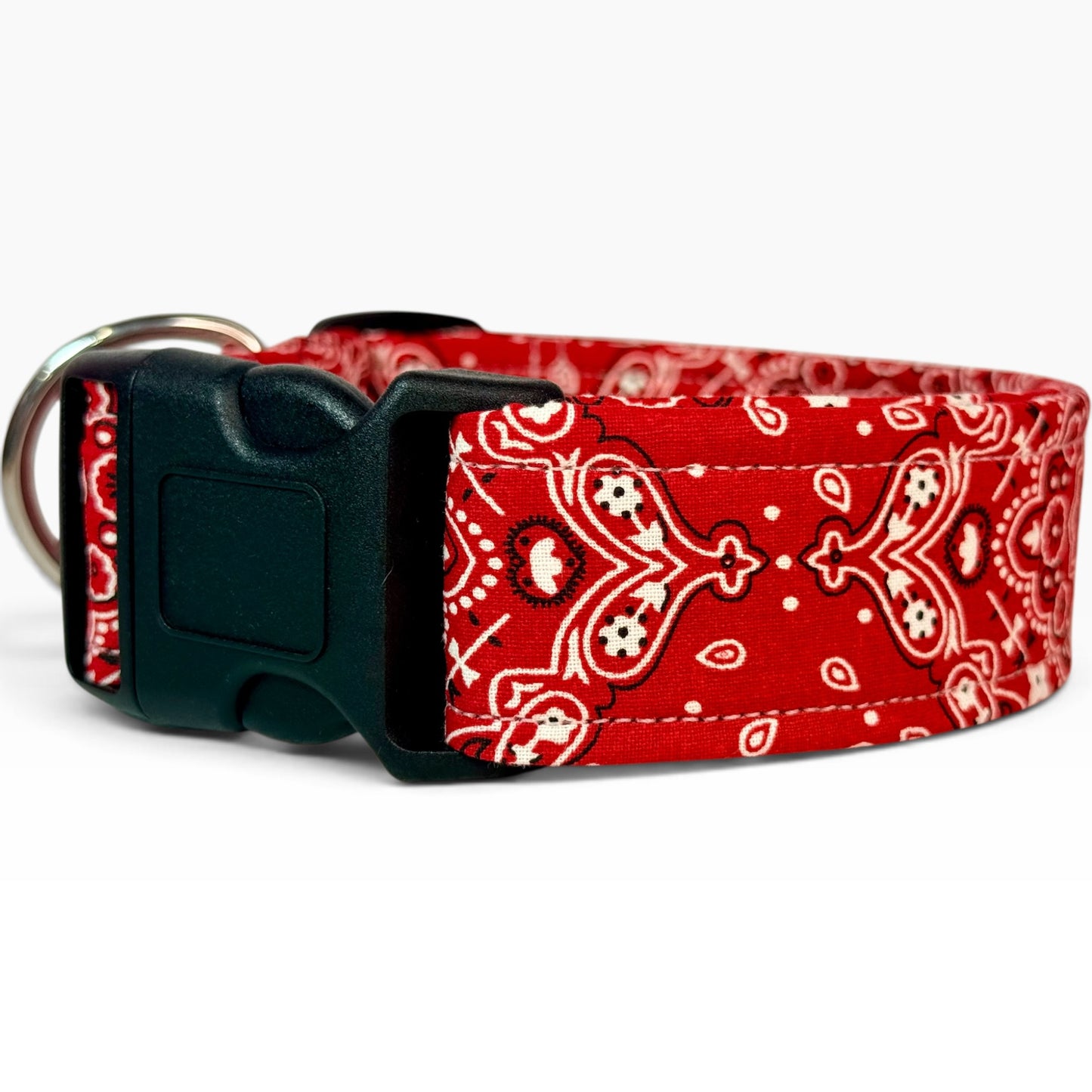 Red bandana handmade dog collar: Adjustable side release, washable cotton fabric, webbing core, customizable hardware