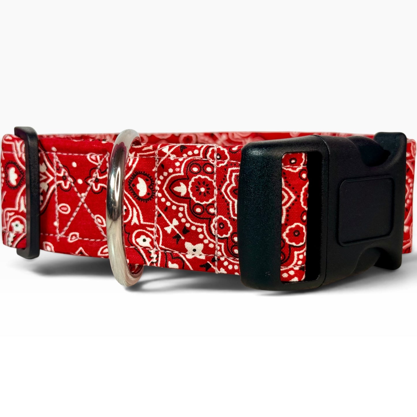 Red bandana handmade dog collar: Adjustable side release, washable cotton fabric, webbing core, customizable hardware