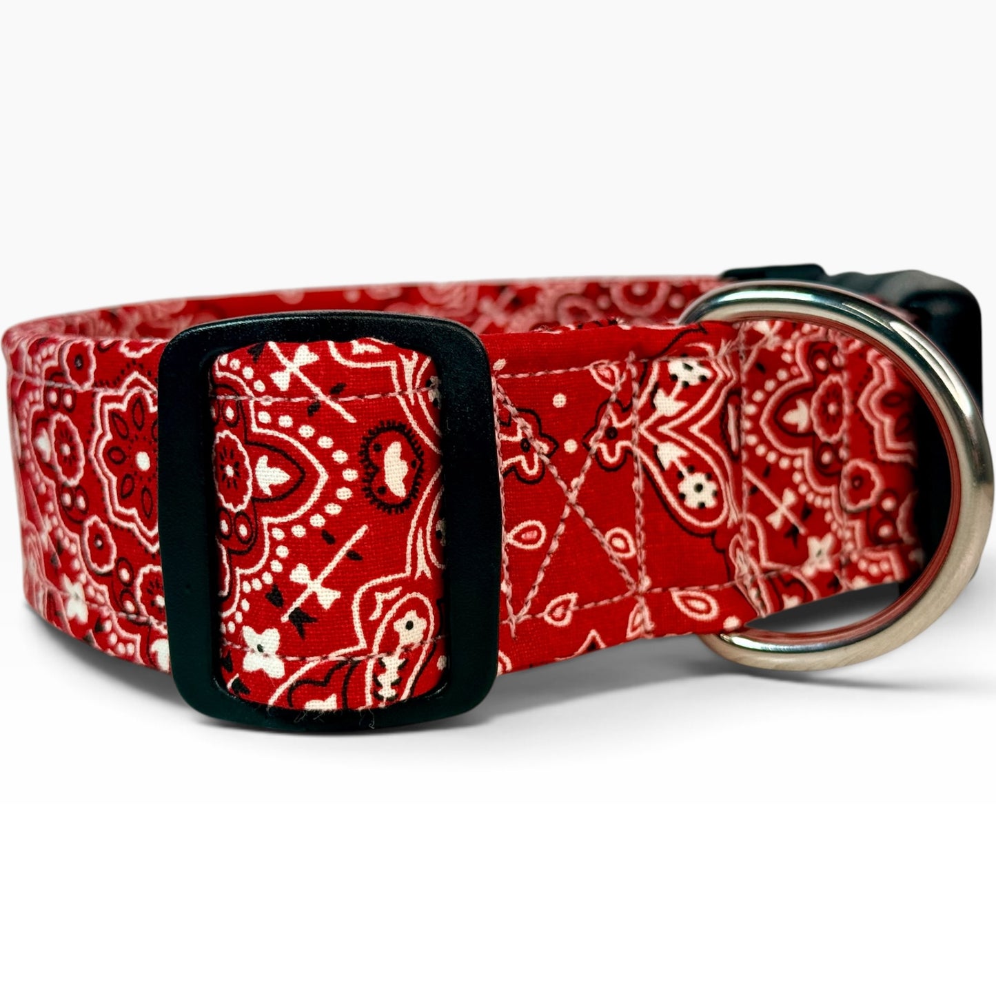 Red bandana handmade dog collar: Adjustable side release, washable cotton fabric, webbing core, customizable hardware