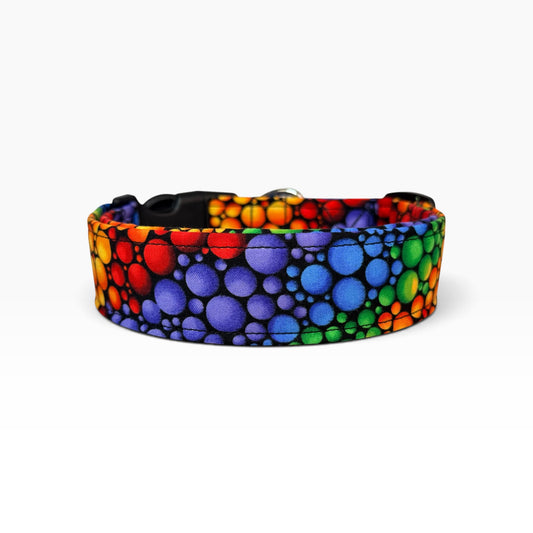 Rainbow Bubbles Handmade dog collar,  Handmade Pet Collar with Heavy-Duty Webbing & Stainless Steel Hardware