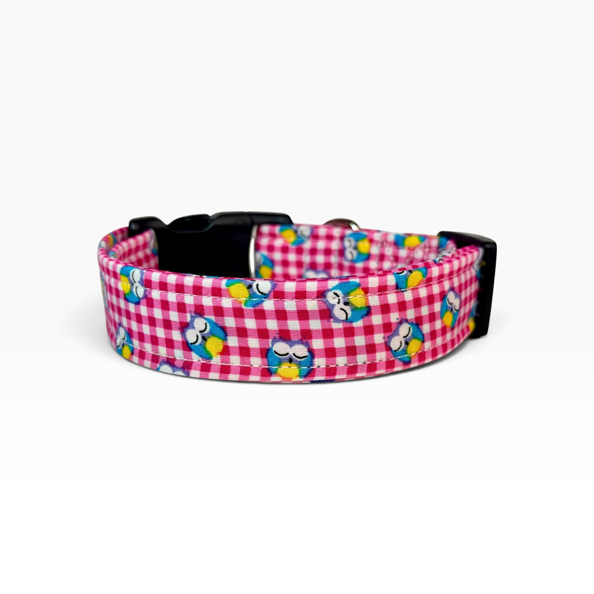 Pink Gingham and Owls Handmade dog collar,  Handmade Pet Collar with Heavy-Duty Webbing & Stainless Steel Hardware