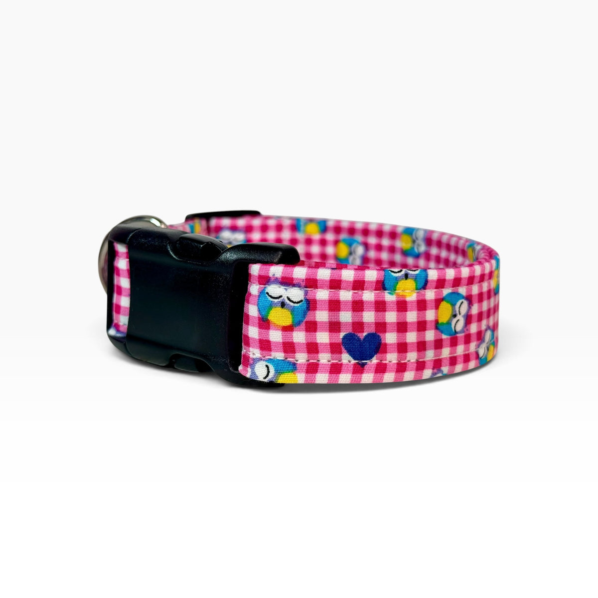 Pink Gingham and Owls Handmade dog collar,  Handmade Pet Collar with Heavy-Duty Webbing & Stainless Steel Hardware