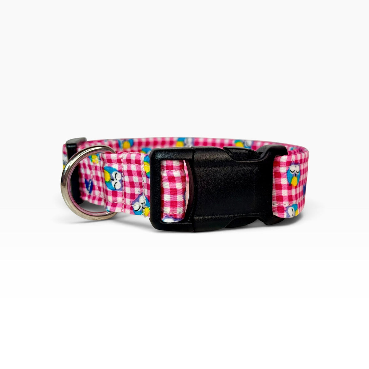 Pink Gingham and Owls Handmade dog collar,  Handmade Pet Collar with Heavy-Duty Webbing & Stainless Steel Hardware