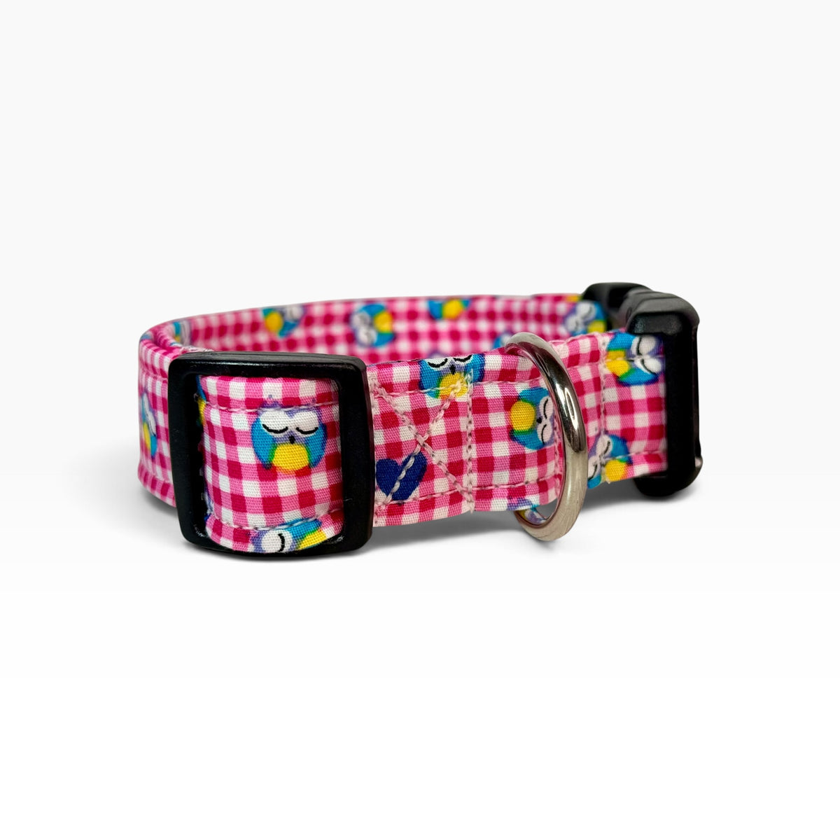 Pink Gingham and Owls Handmade dog collar,  Handmade Pet Collar with Heavy-Duty Webbing & Stainless Steel Hardware