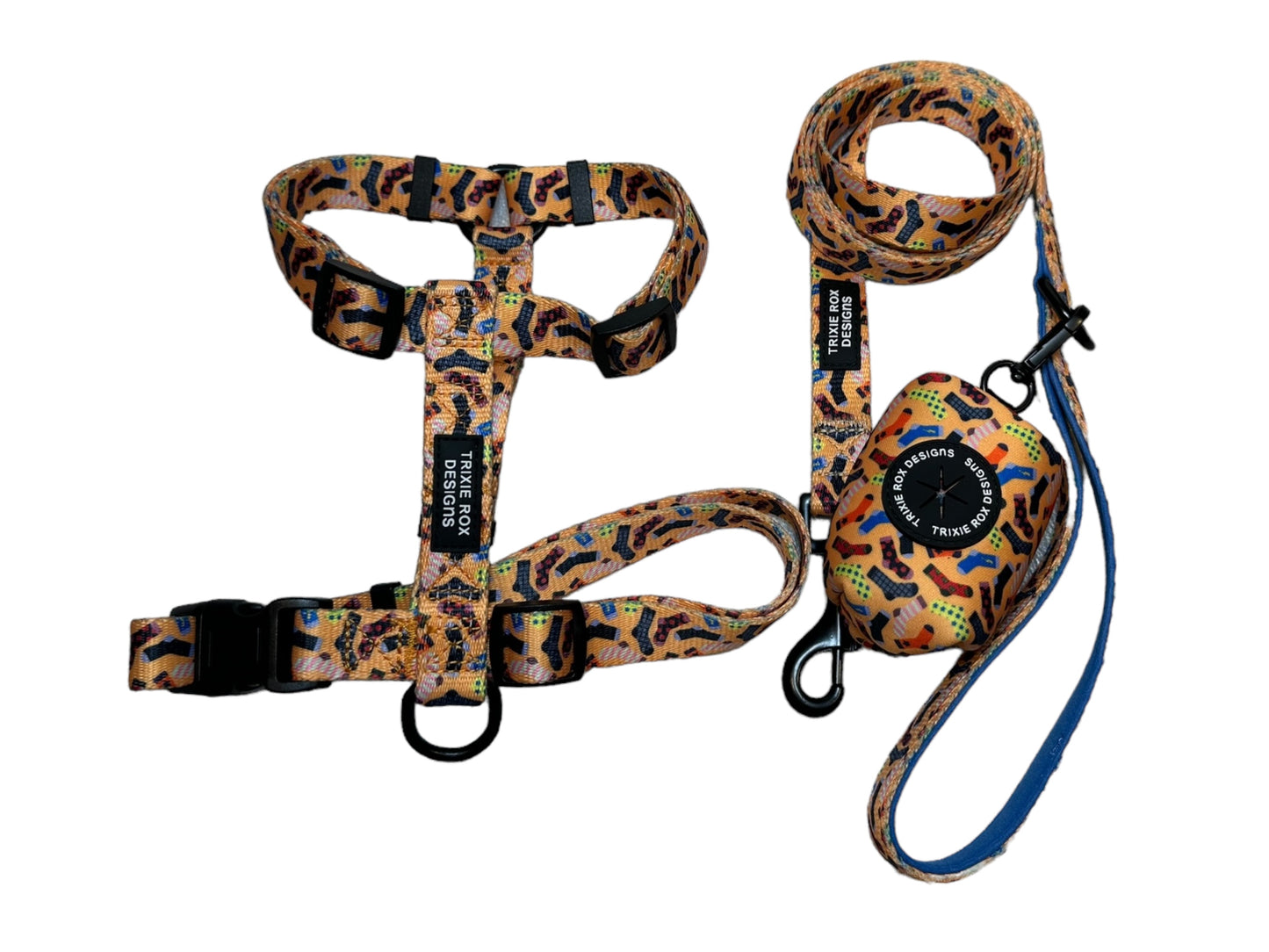 Socks Nylon Dog Harness: Adjustable, matching leash and poop back available