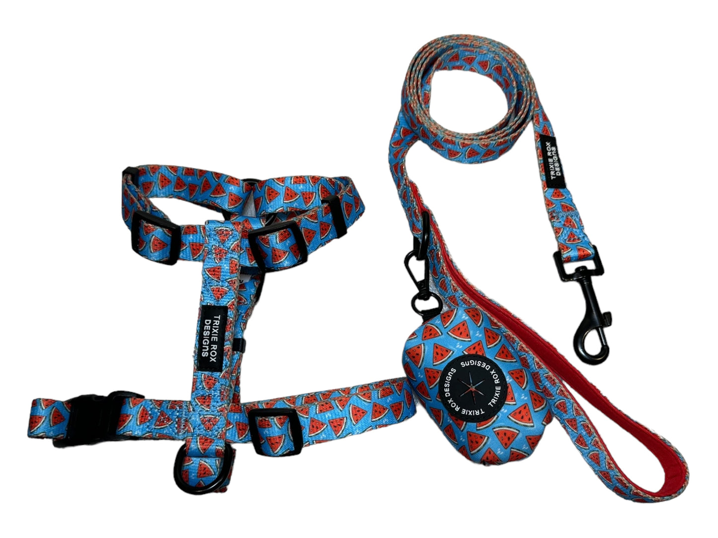 Watermelon Nylon Dog Harness: Adjustable, matching leash and poop back available