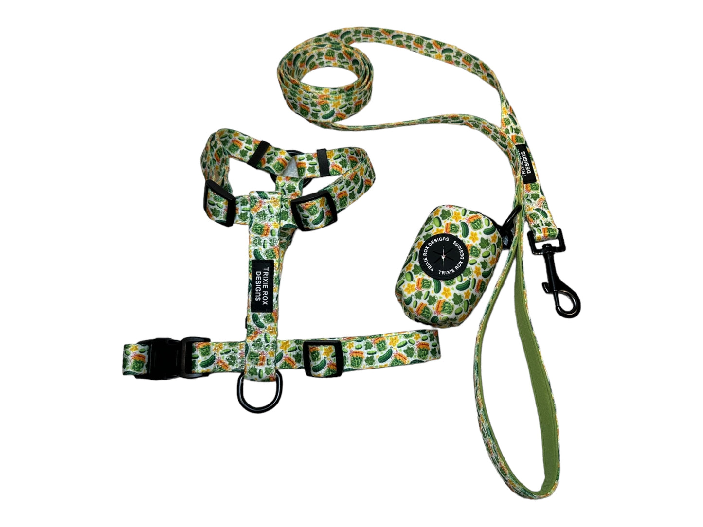 Pickle Nylon Dog Harness: Adjustable, matching leash and poop back available
