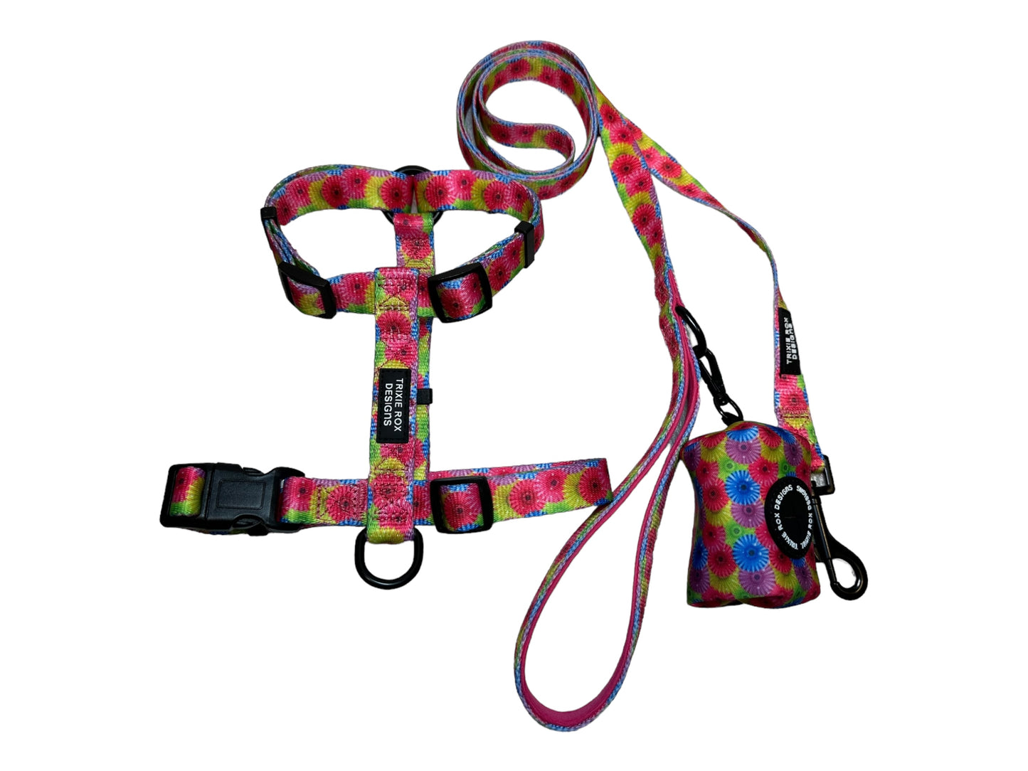 Floral Nylon Dog Harness: Adjustable, matching leash and poop back available