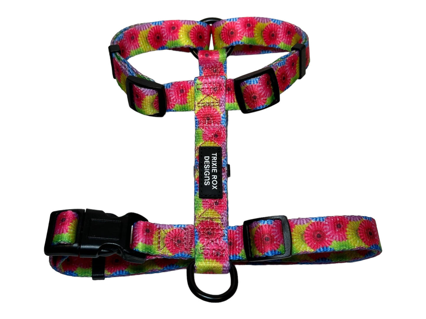 Floral Nylon Dog Harness: Adjustable, matching leash and poop back available