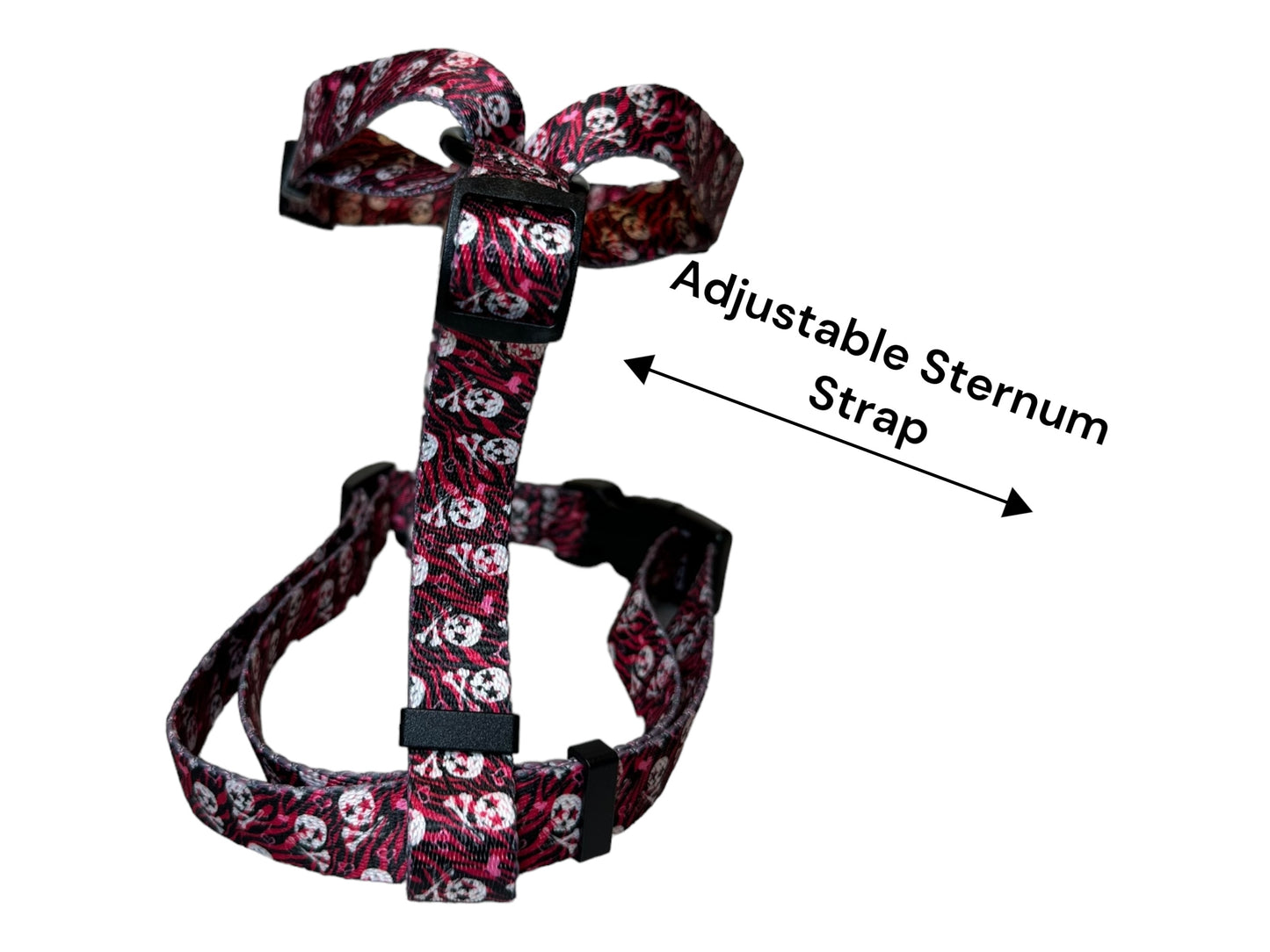 Pink Zebra and Skull Nylon Dog Harness: Adjustable, matching leash and poop back available