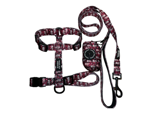 Pink Zebra and Skull Nylon Dog Harness: Adjustable, matching leash and poop back available
