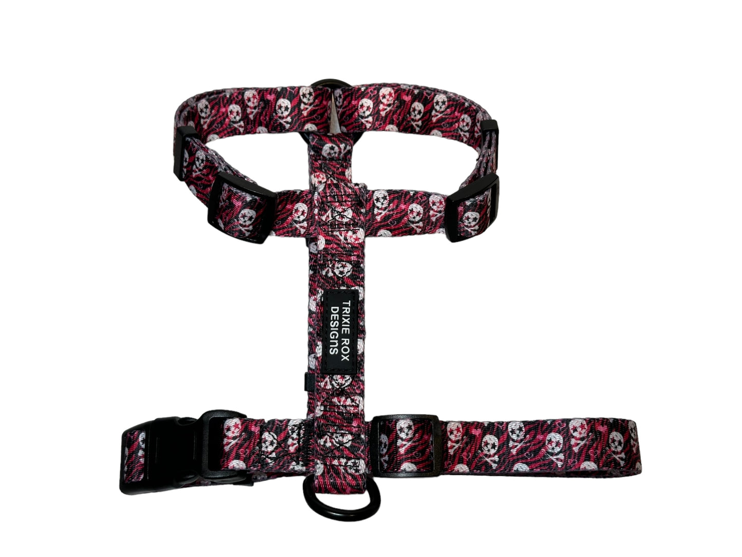 Pink Zebra and Skull Nylon Dog Harness: Adjustable, matching leash and poop back available
