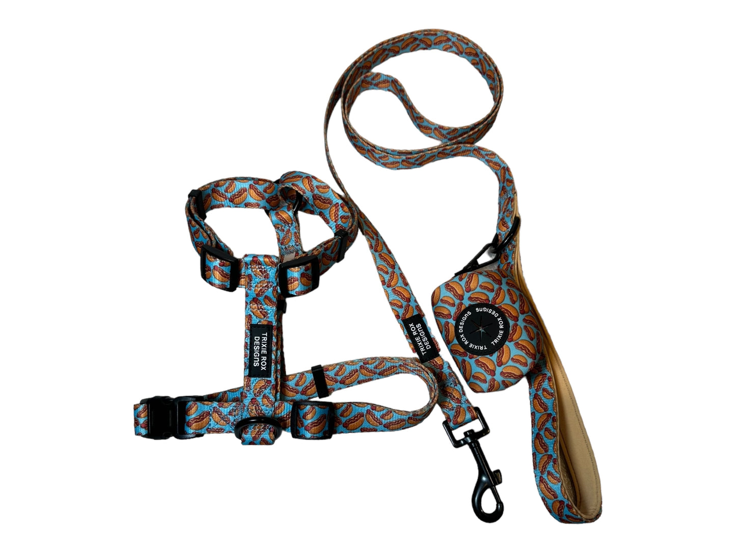 Hot Dog Nylon Dog Harness: Adjustable, matching leash and poop back available