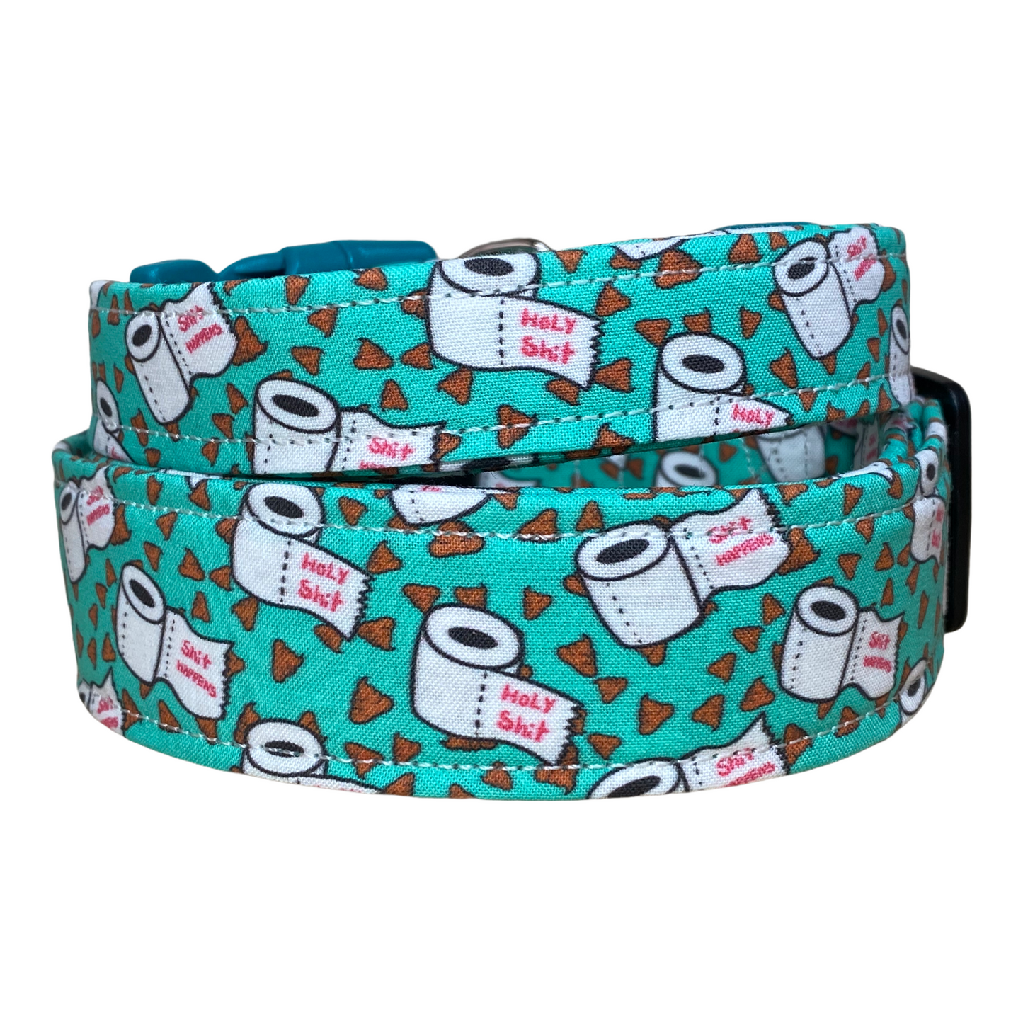 Shit Happens Funny Handmade dog collar: Adjustable side release, washable cotton fabric, webbing core, customizable hardware