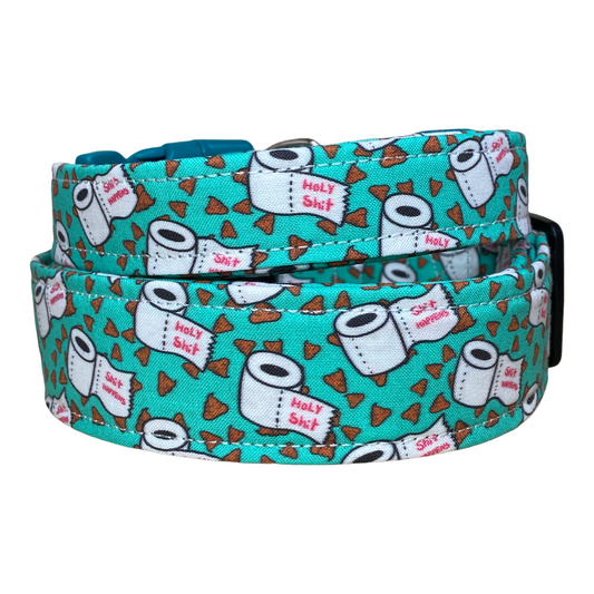 Shit Happens Funny Handmade dog collar: Adjustable side release, washable cotton fabric, webbing core, customizable hardware