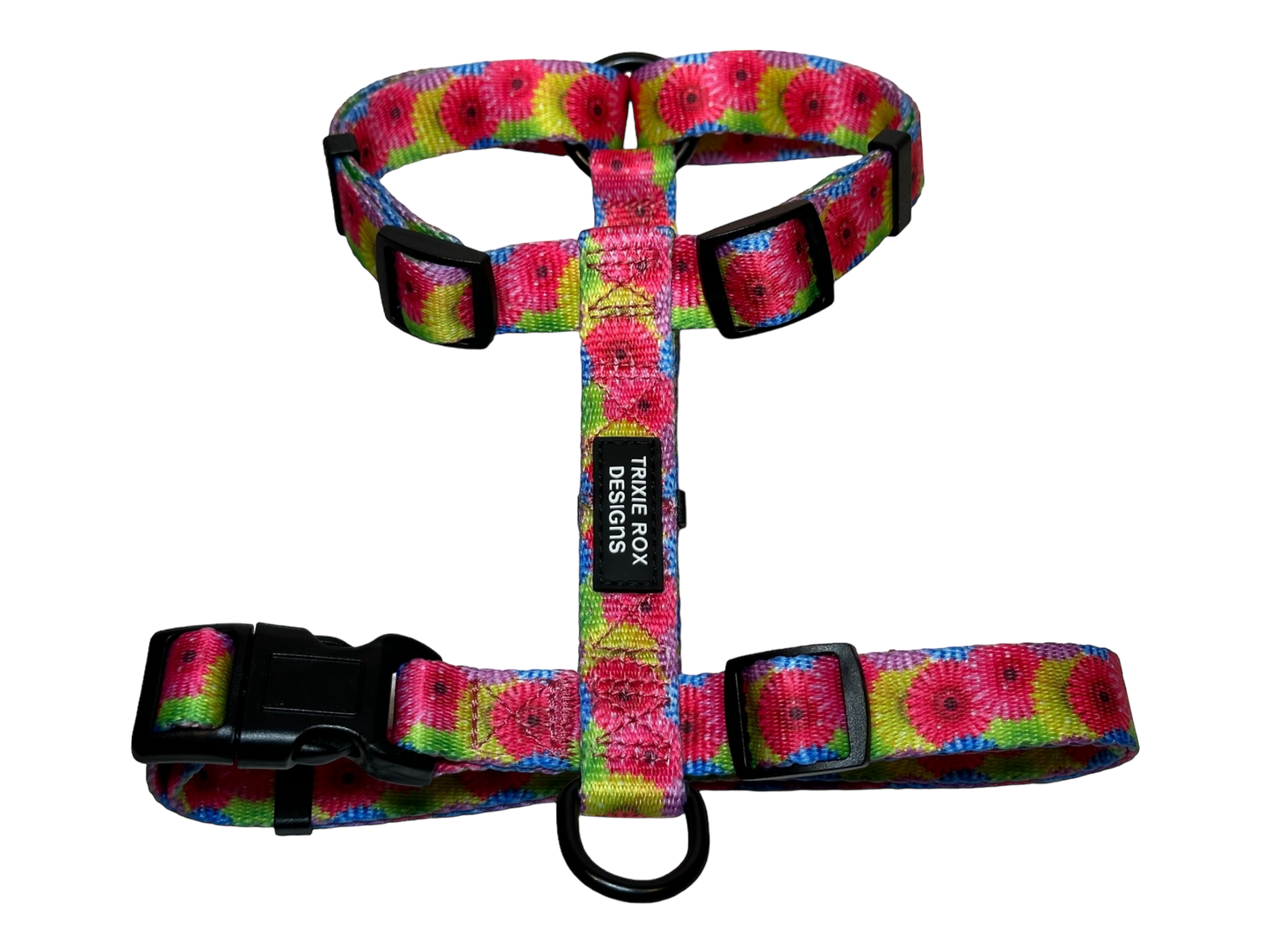Floral Nylon Dog Harness: Adjustable, matching leash and poop back available