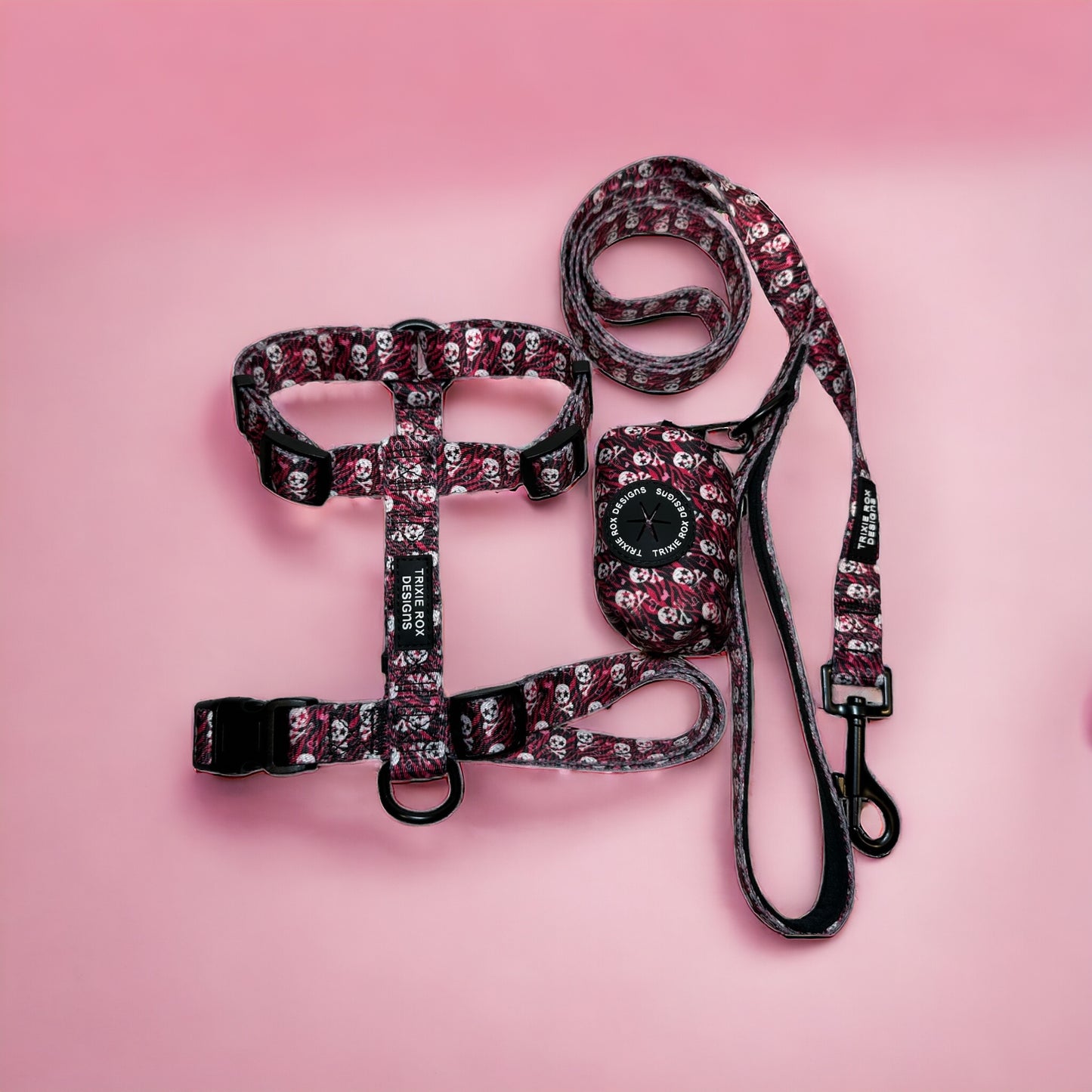 Pink Zebra and Skull Nylon Dog Harness: Adjustable, matching leash and poop back available