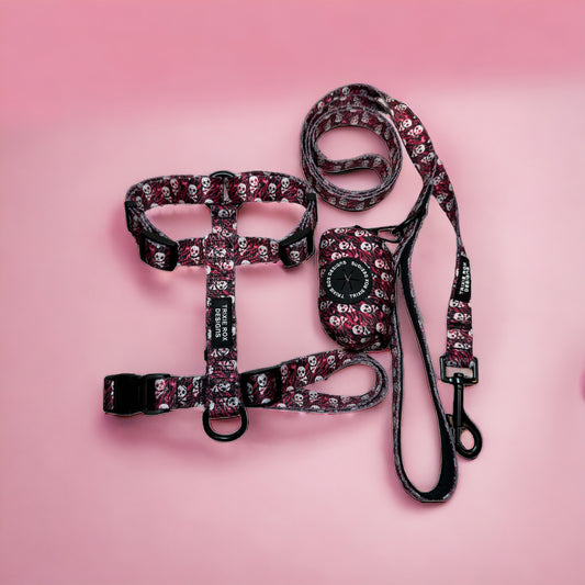 Pink Zebra and Skull Nylon Dog Harness: Adjustable, matching leash and poop back available