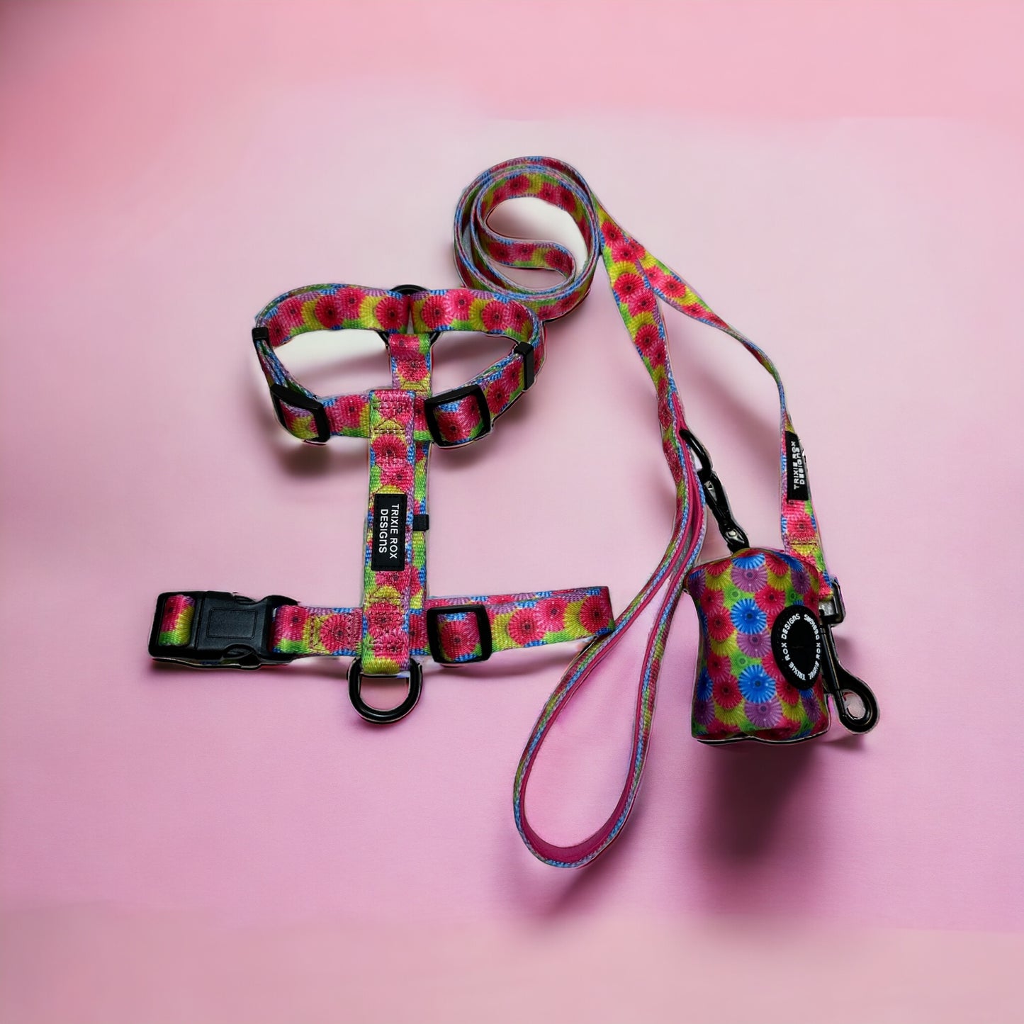 Floral Nylon Dog Harness: Adjustable, matching leash and poop back available