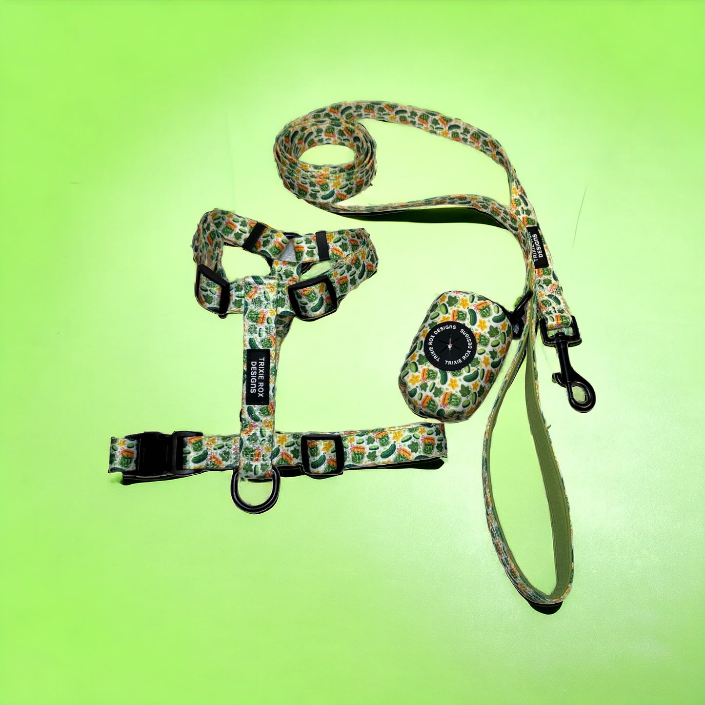 Pickle Nylon Dog Harness: Adjustable, matching leash and poop back available