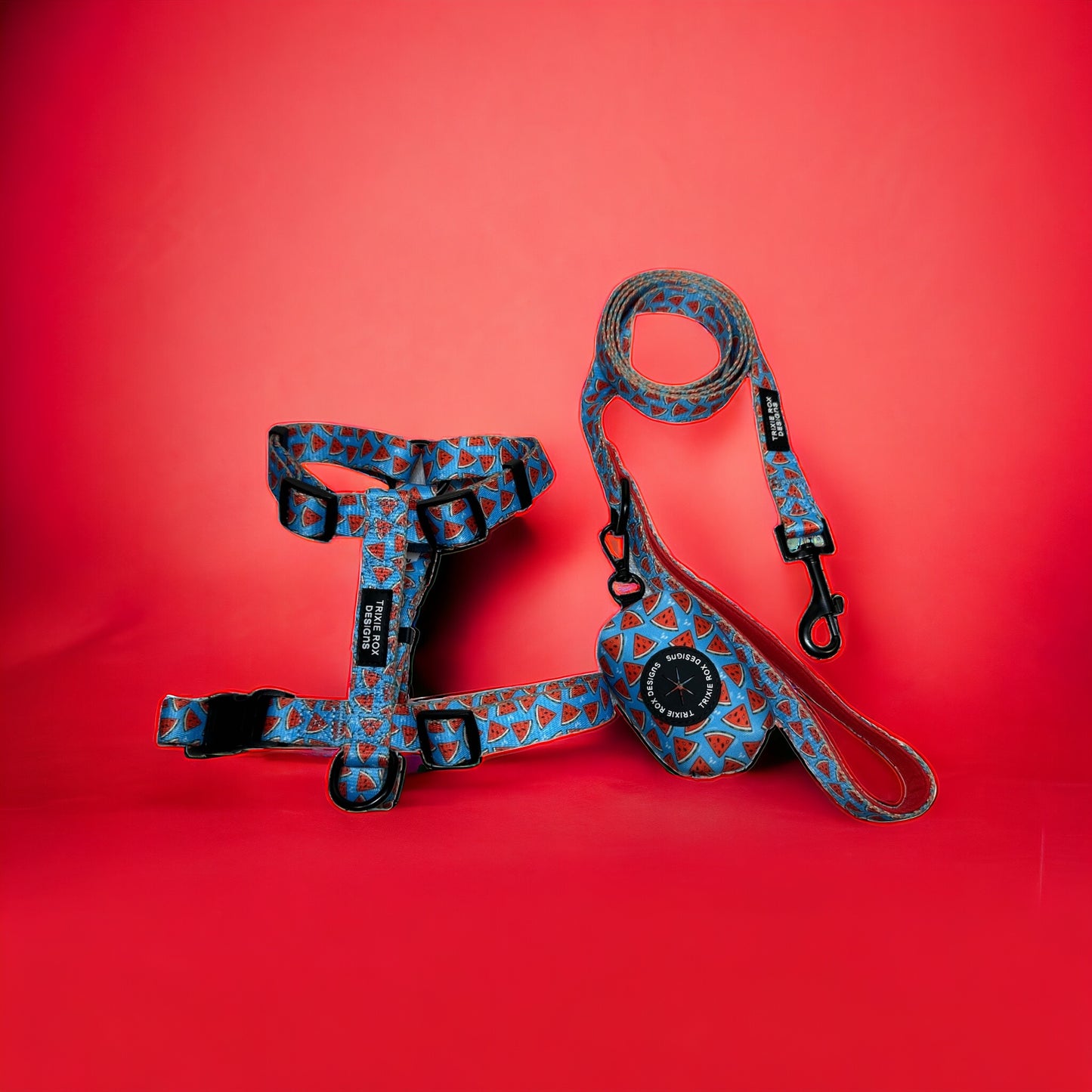 Watermelon Nylon Dog Harness: Adjustable, matching leash and poop back available