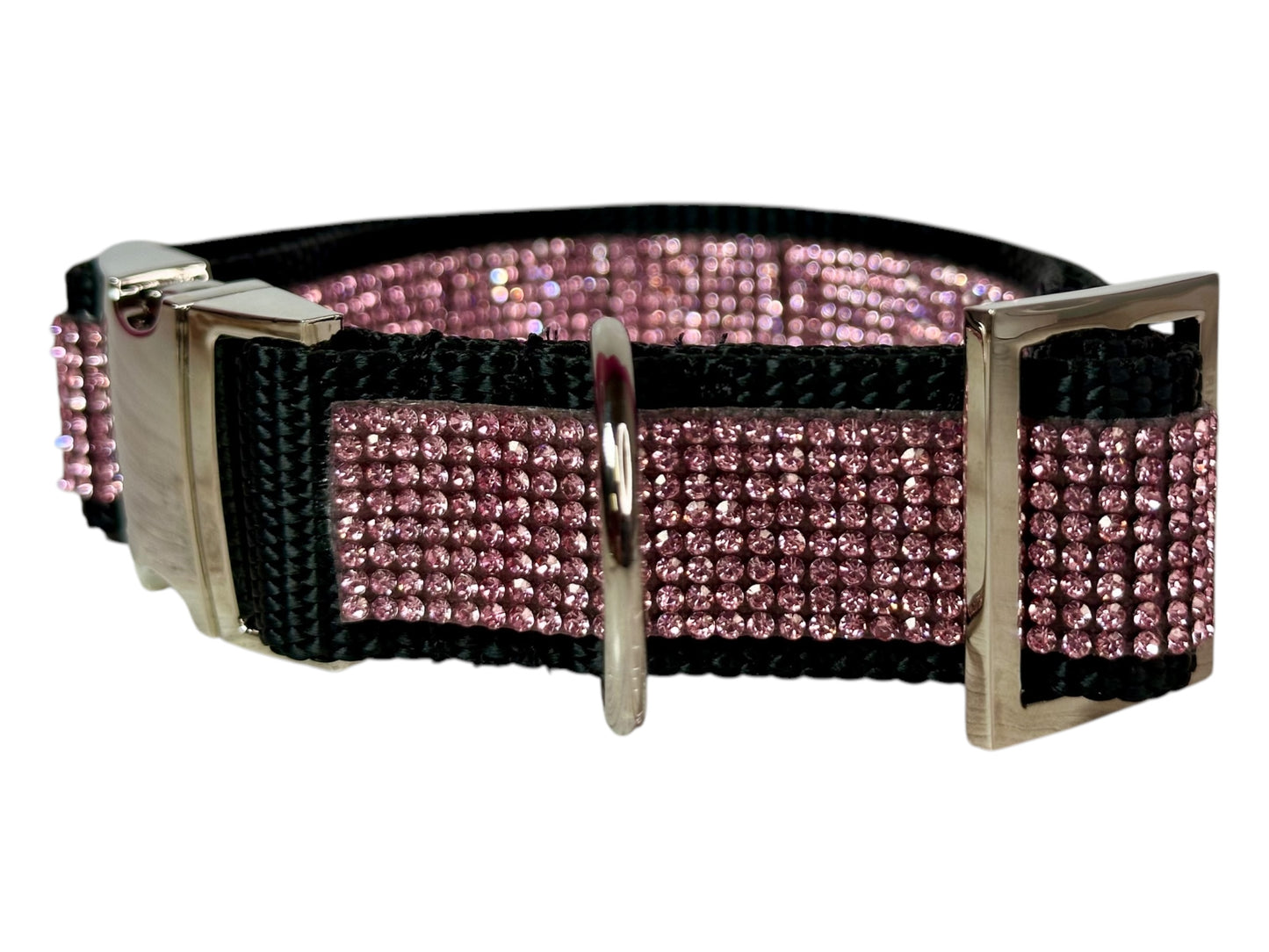 Rhinestone and Webbing Dog collar, Black with Pink Rhinestones and engrave-able silver hardware