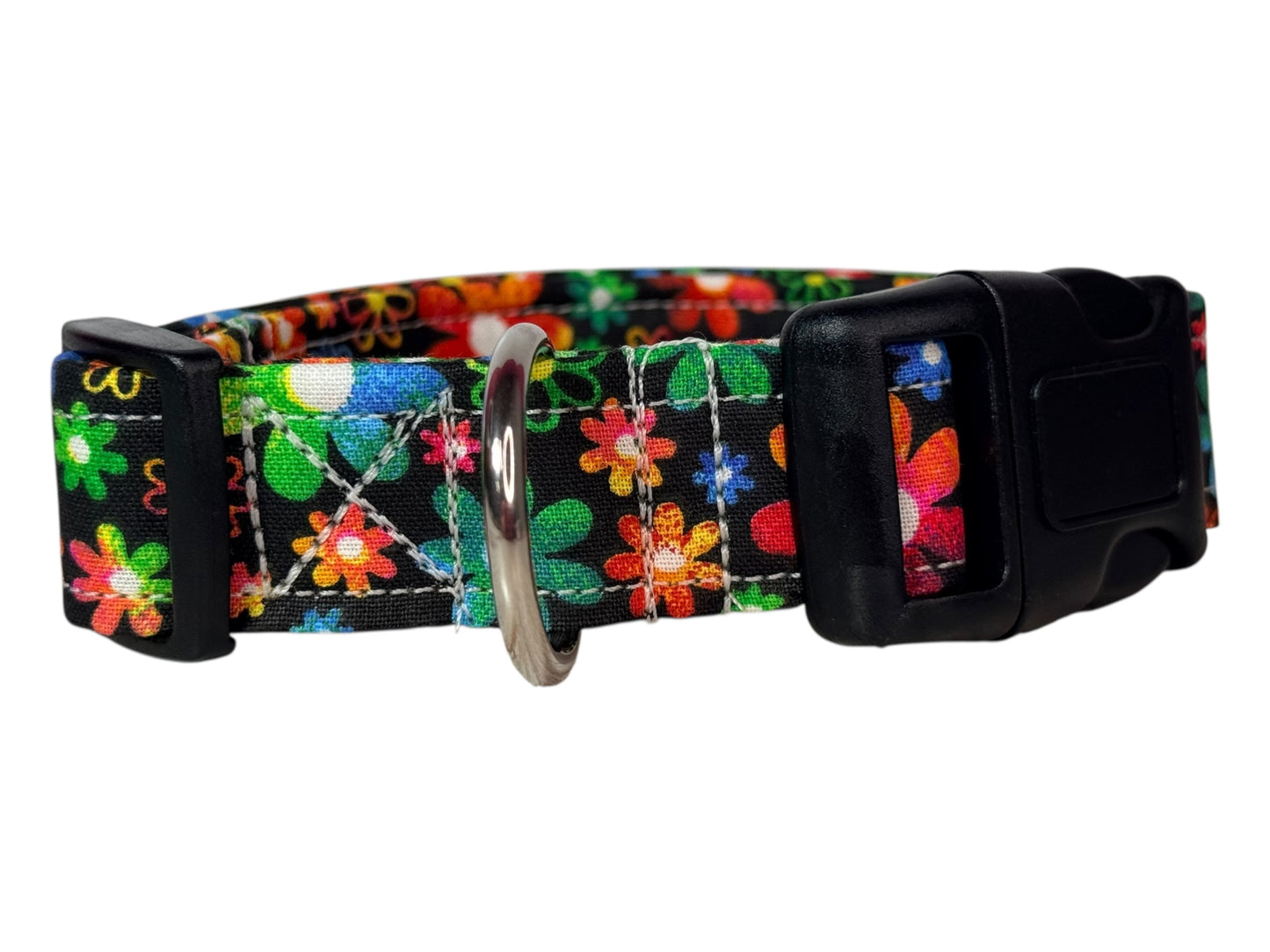 Rainbow Floral Handmade dog collar,  Handmade Pet Collar with Heavy-Duty Webbing & Stainless Steel Hardware