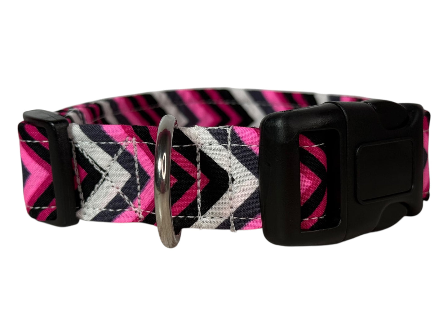 Pink White and Gray Handmade dog collar,  Handmade Pet Collar with Heavy-Duty Webbing & Stainless Steel Hardware