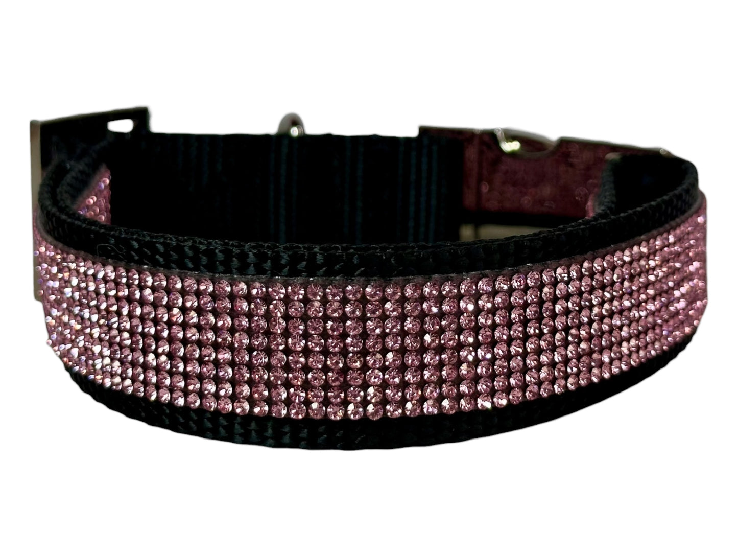 Rhinestone and Webbing Dog collar, Black with Pink Rhinestones and engrave-able silver hardware