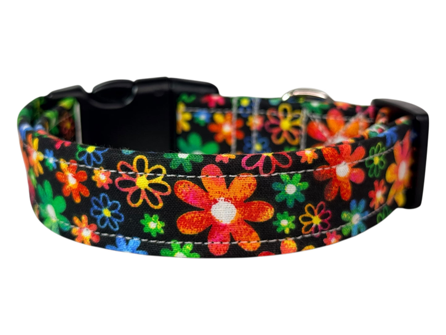 Rainbow Floral Handmade dog collar,  Handmade Pet Collar with Heavy-Duty Webbing & Stainless Steel Hardware