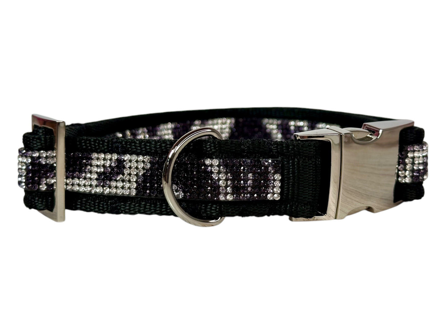 Rhinestone and Webbing Dog collar, Black with Cow Print Rhinestones and engrave-able silver hardware