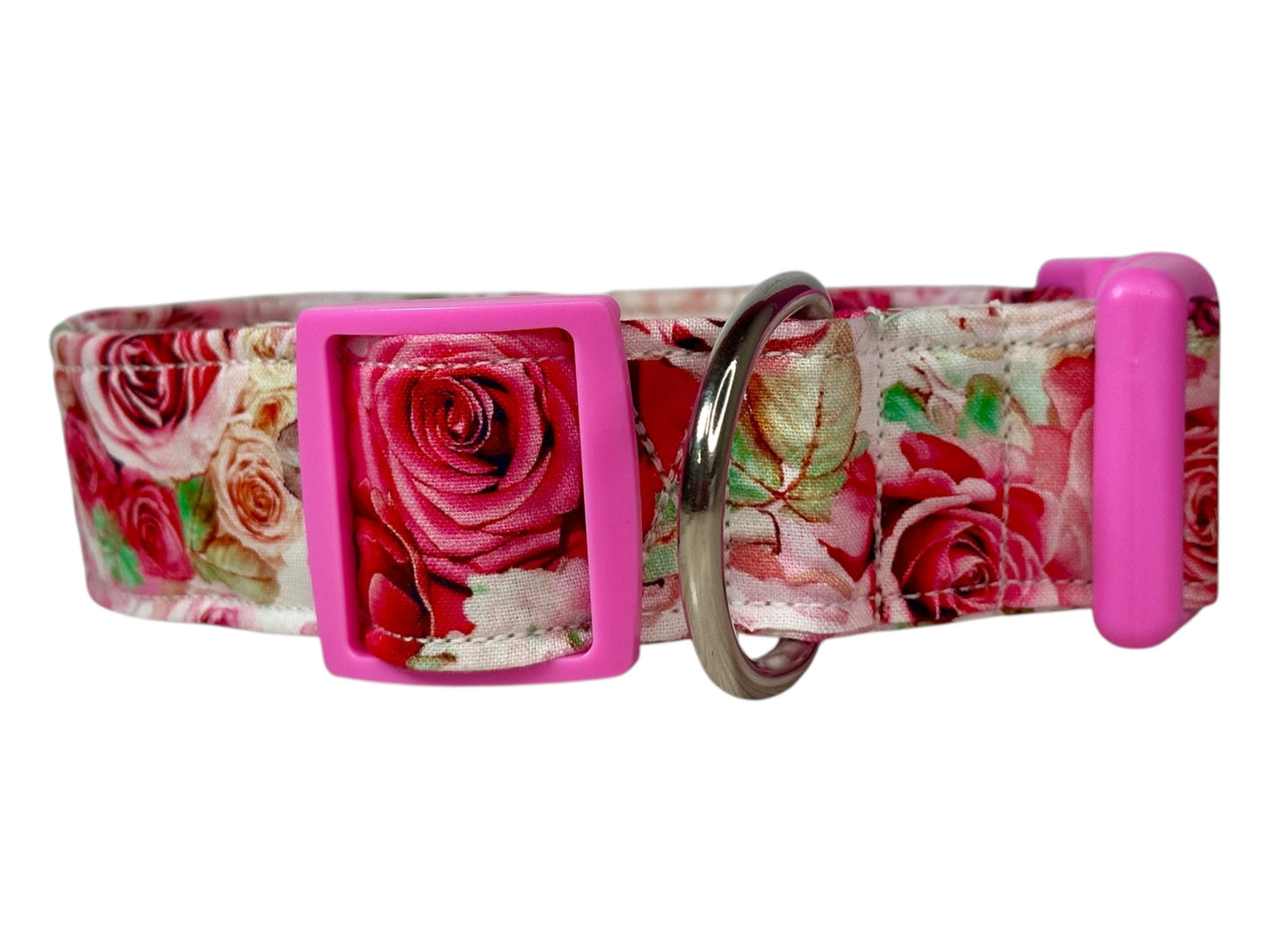 Pink Rose Dog Collar – Floral Handmade Pet Collar with Heavy-Duty Webbing & Stainless Steel Hardware