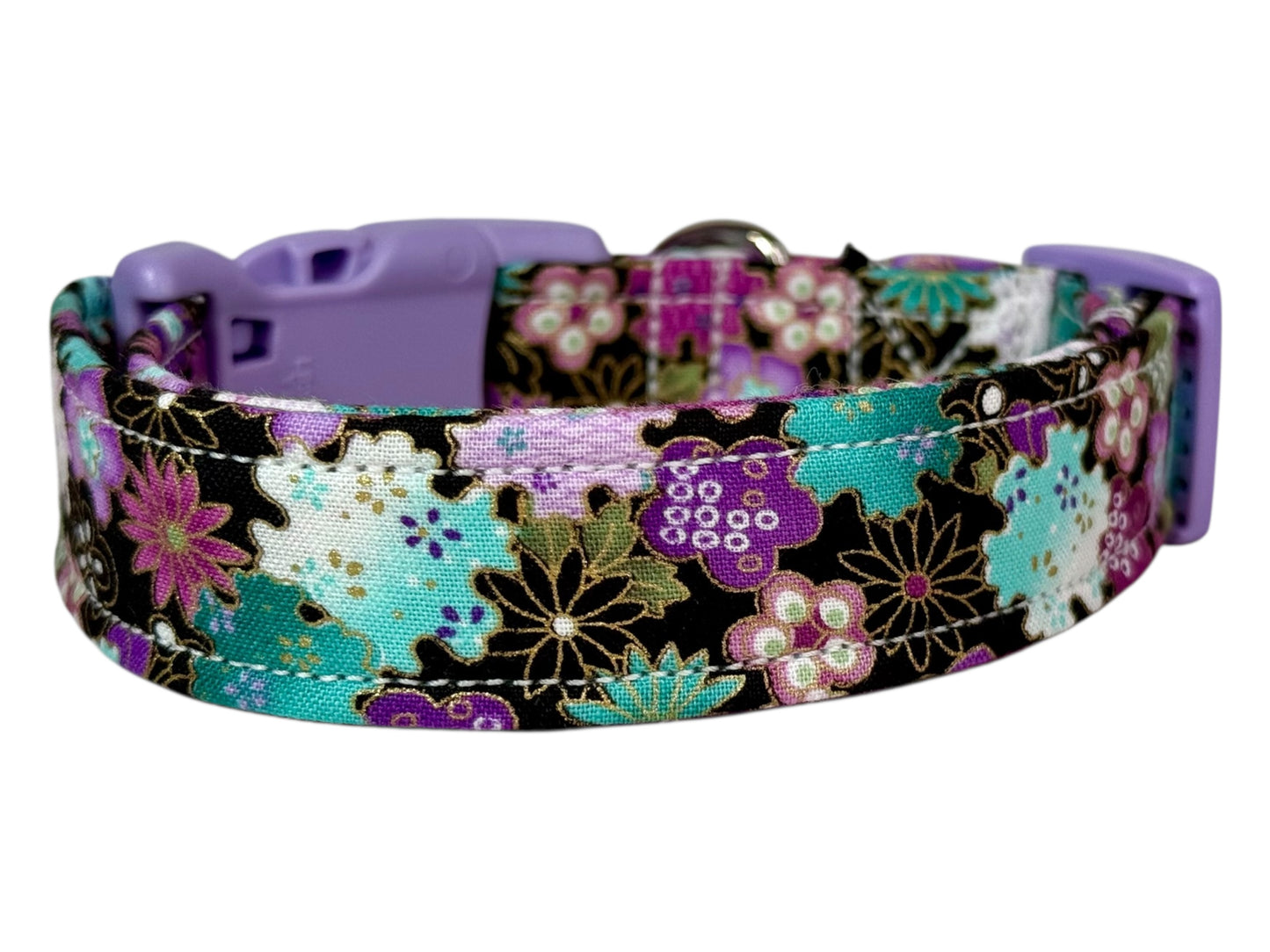 Purple and Teal Floral dog collar,  Handmade Pet Collar with Heavy-Duty Webbing & Stainless Steel Hardware