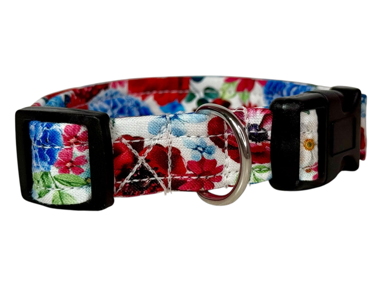 Patriotic Floral Handmade dog collar: Adjustable side release, washable cotton fabric, webbing core, customizable hardware